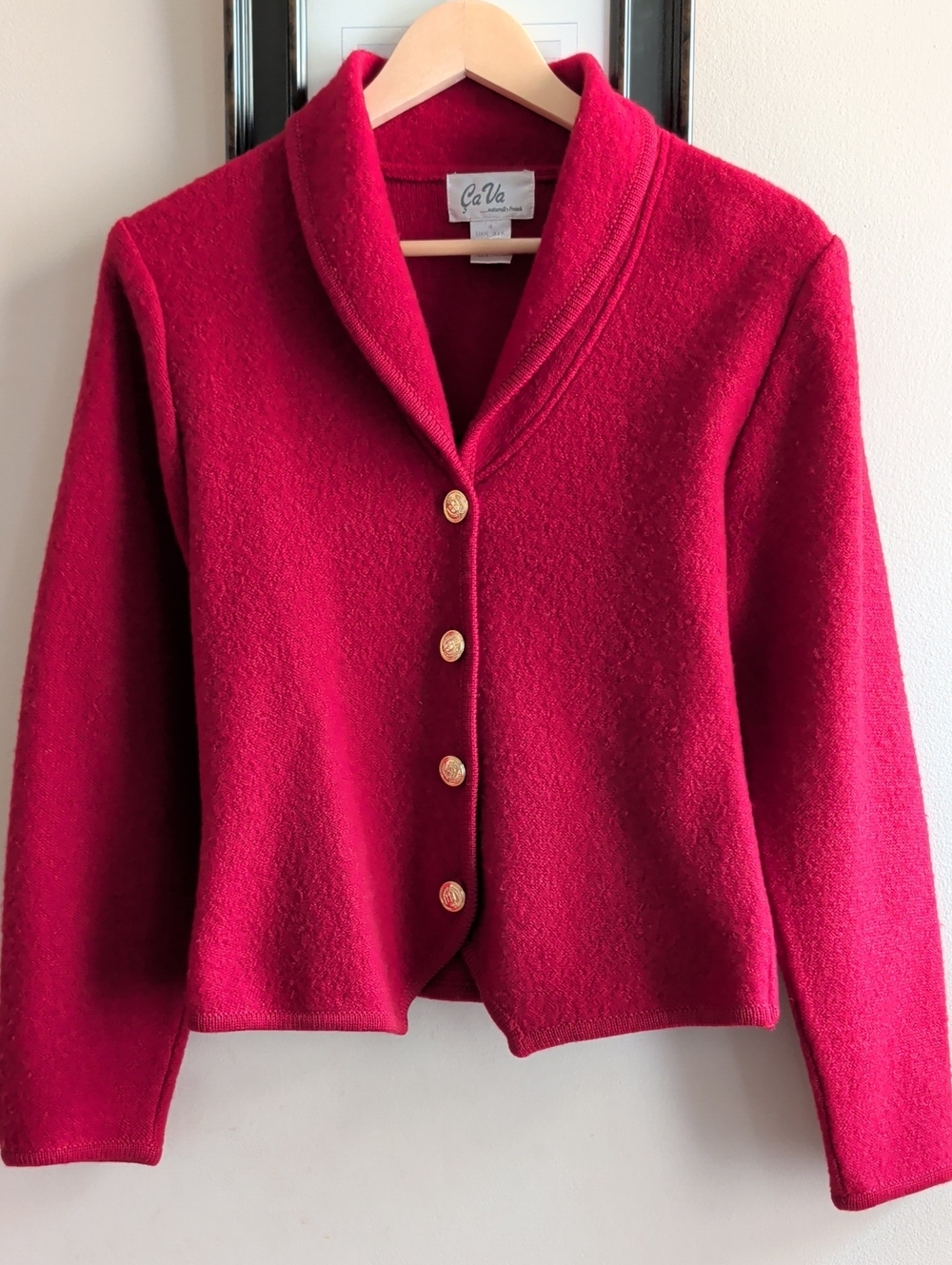 Ça Va Naturally French Red Shawl Collar Button Front Wool Knit Waistcoat Jacket